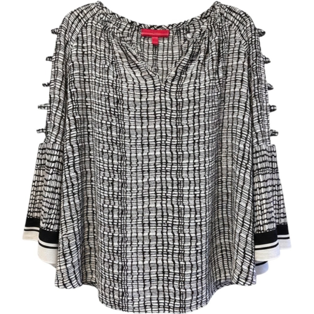 Jennifer Lopez‎ Blouse Black White Abstract Cold Shoulder Ladder Sleeve Womens L